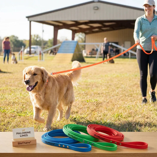 Dog Trainer and Golden Retriever training with BioThane Long Line
