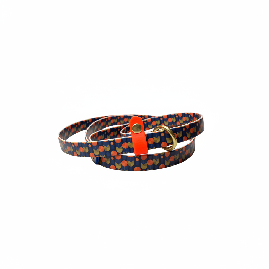 A coiled navy blue BioThane slip lead with repeating orange and green art deco floral pattern, coordinating orange stop, brass O-ring and rivets. 