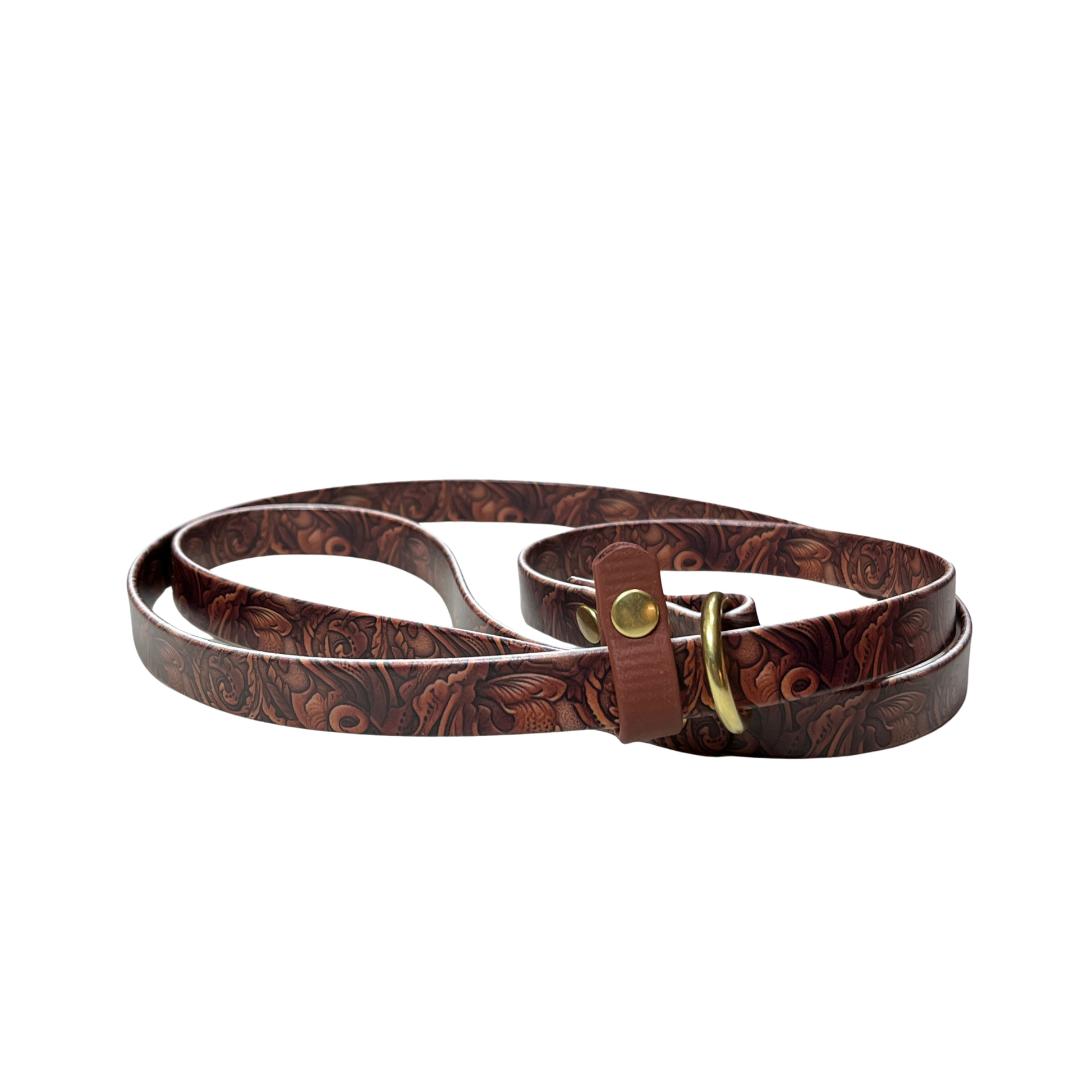 A brown BioThane Slip Lead featuring the look of carved leather in a floral design, with matching brown stop and Brass O-ring and rivets. 