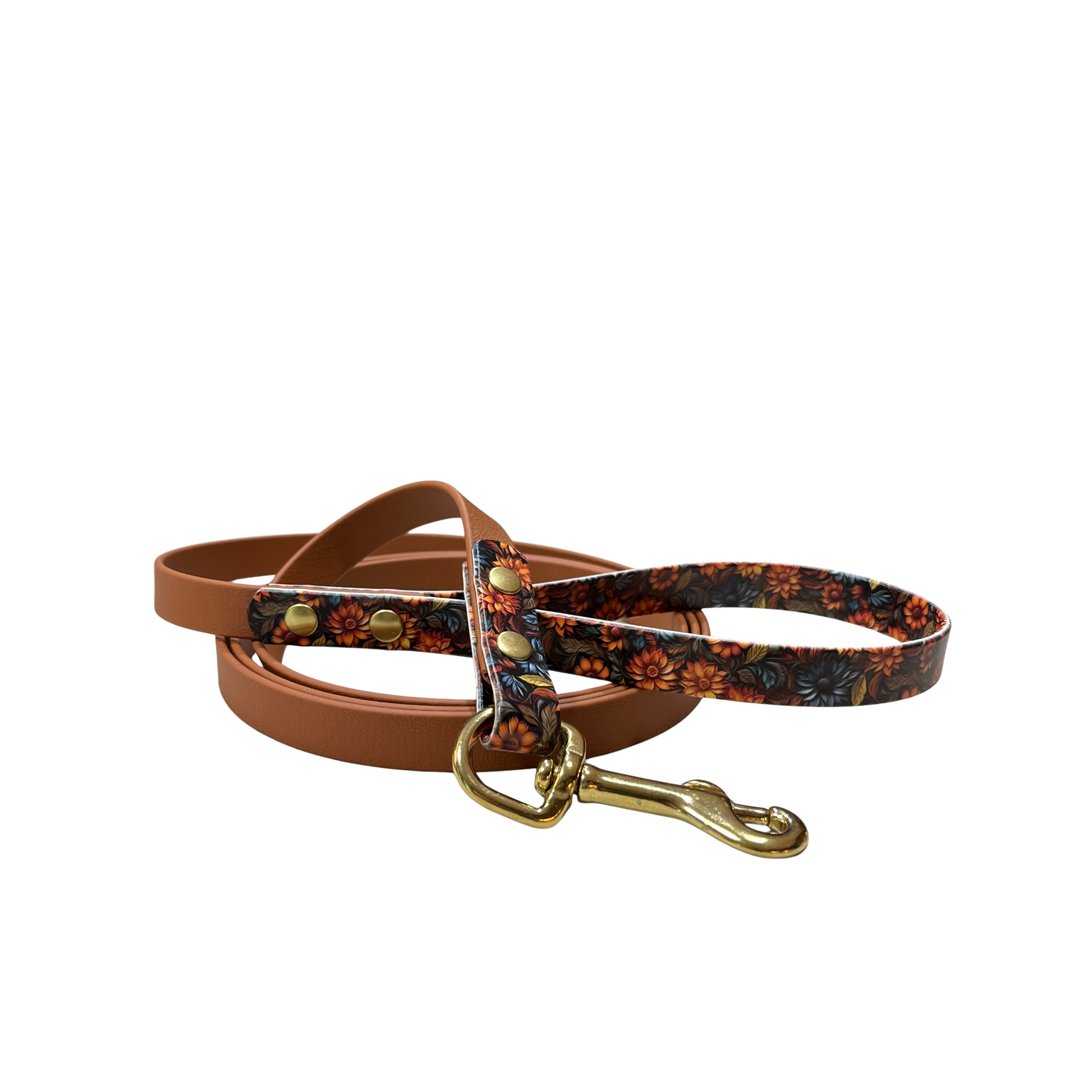 Palomine Lines Designer BioThane Dog Leash 5/8 in — Leather-Look Flowers/Brown