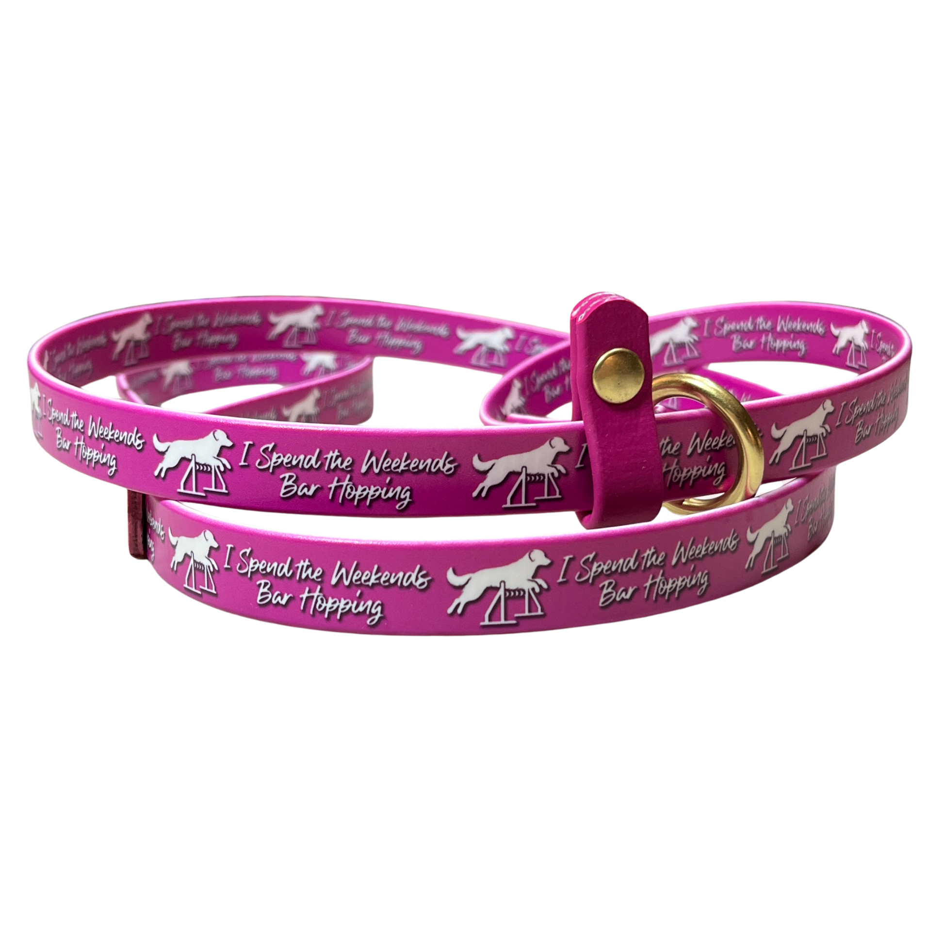 A pink BioThane slip lead with white printed text reading 'I Spend the Weekend Bar Hopping' and white dog silhouettes leaping over bar jumps. The lead has brass O-ring and rivets, and a matching pink stop. The lead is shown coiled on a white background.