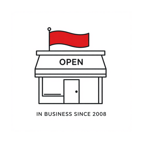 Storefront with Open Sign and text "In Business since 2008"