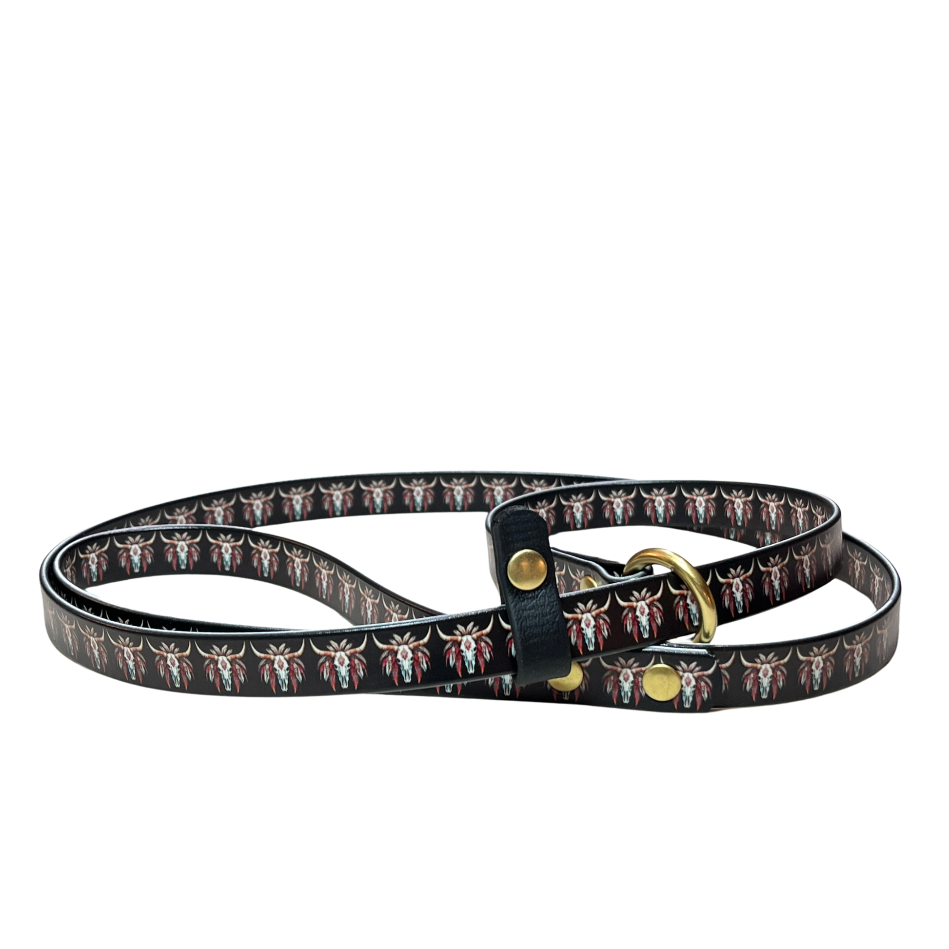 A black BioThane slip lead featuring a repeating pattern of Native American-style longhorn skulls with red and white feathers. The lead has brass hardware, and is coiled against a white background.