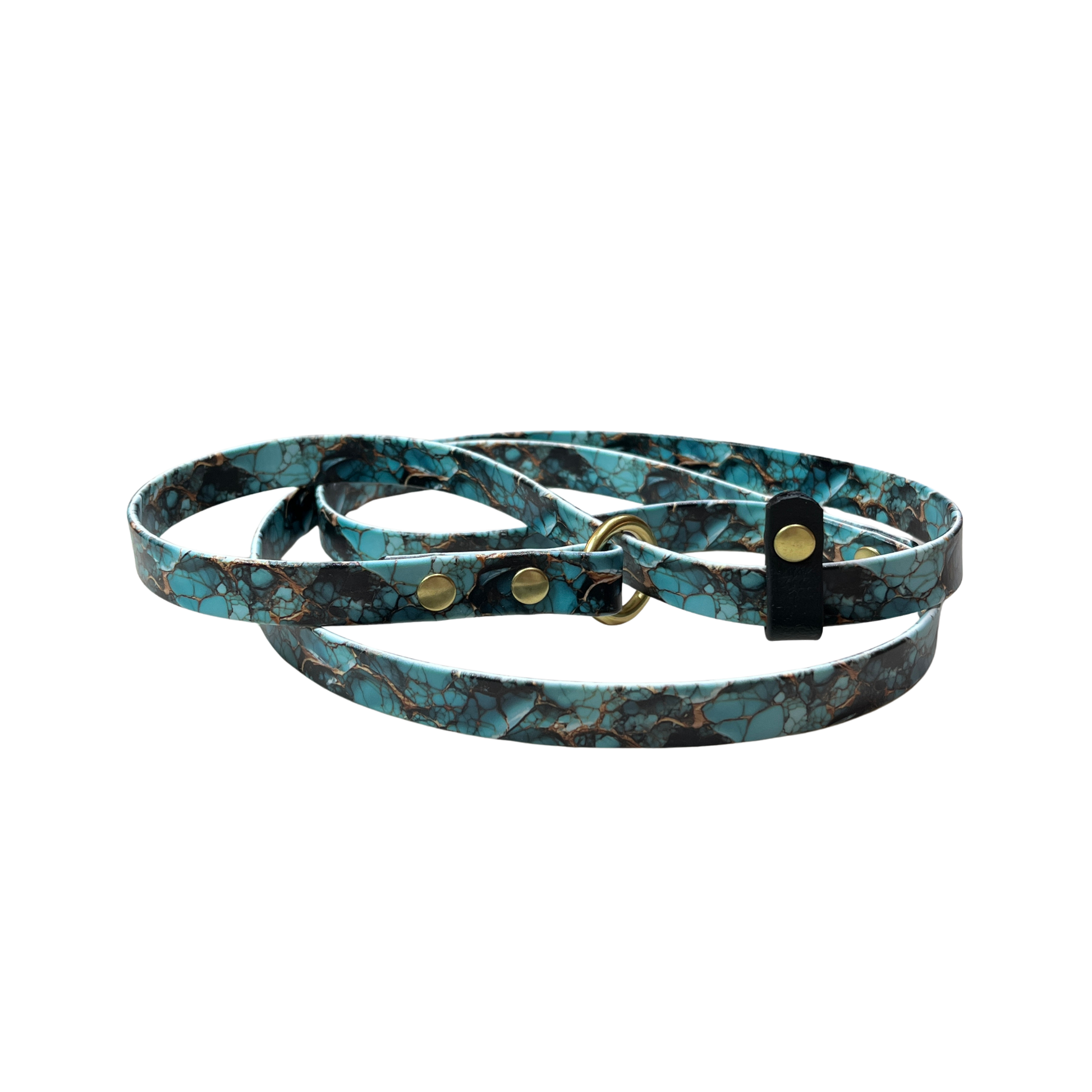 BioThane Slip Lead with UV printed turquoise marble pattern with accents in gold. Slip Lead has brass O-ring, rivets, and black stop. The lead is coiled with a white background.